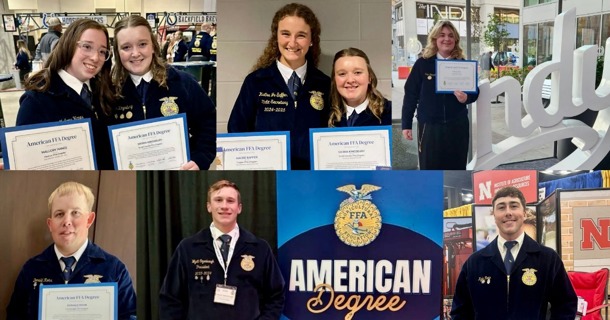 NCTA students and alumni proudly receiving their American FFA Degrees at the National FFA Convention in Indianapolis. Top row (L–R): Mallory Hanes (Haxtun, CO), Sierra Kingsbury (Smith Center, KS), KaCee Jo Saffer (Flagler, CO), Erin Tempel (Wiley, CO). Bottom row (L–R): Donald Rohr (Cambridge, NE), Wyatt Ozenbaugh (Ohiowa, NE), Kyle Rote (Lisco, NE).