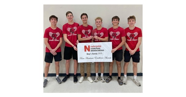 The 2025 McCook Boys Tennis Team.  Members include Caleb Sughroue, Trev Wiemers, Aaron Frank, Tysen Baker, Cruz McCarty, TJ Puckett.