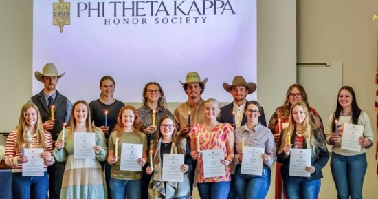 New members inducted into Phi Theta Kappa (front L to R): Courtney McCarthy, Newport, NE; Jenna Barnes, Kensington, KS; Ann Prigge, Ulysses, NE; Ailey Marburger, Malvern, IA; Carly Stewart, Atlanta, NE; Layna Wear, Holyoke, CO; Hailey Loutzenhiser, Flagler, CO. Back row (L to R): Weston Ploeger, Linden, IA; Savannah Hall, Ekalaka, MT; McKenzie Heil, North Platte, NE; August Schow, Paxton, NE; Jace Lien, Chadron, NE; Kyra Jespersen, Hemingford, NE; and Samantha Durre, Oakdale, NE. Not pictured are Natalie Baker, Severance, CO; Ashley Sasse, Plymouth, NE; and Sydney Sybrant, Bassett, NE. (NCTA / N. Dragoo)