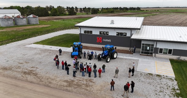 Two New Holland methane-powered tractors, which were donated to the University of Nebraska–Lincoln by CNH, were unveiled during an event May 5 at the Eastern Nebraska Research, Extension and Education Center near Mead. (Emily Hanson/ENREEC)