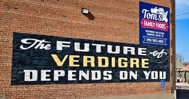 A mural near Fourth and Main streets in Verdigre, Nebraska, highlights the focus of community efforts. Forty-four percent of respondents to the 2026 Nebraska Rural Poll believe they will be better off 10 years from now, similar to last year’s 46%. (Jordan Rasmussen/Rural Prosperity Nebraska)