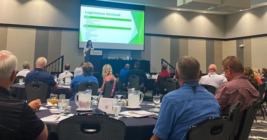 Ansley Fellers, executive director of the Nebraska Grocery Industry Association, presents on legislative updates to attendees of the 2023 Grocery Industry Summit. (Stacy Muehling/Nebraska Grocery Industry Association)